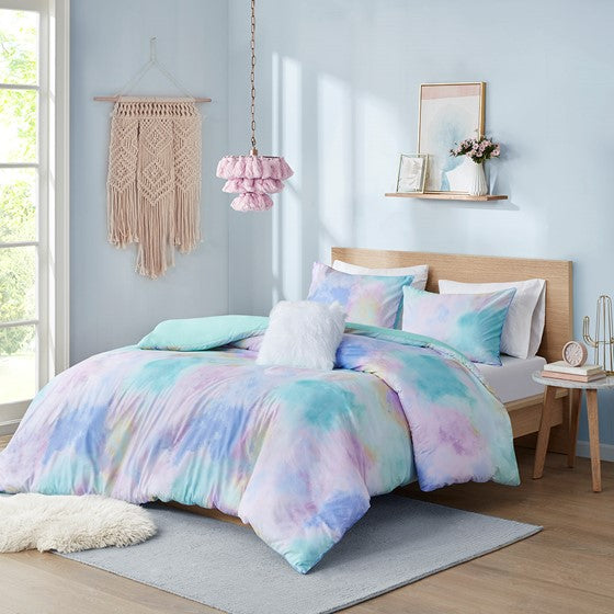 Watercolor Tie Dye Printed Duvet Cover Set with Throw Pillow Aqua Full/Queen