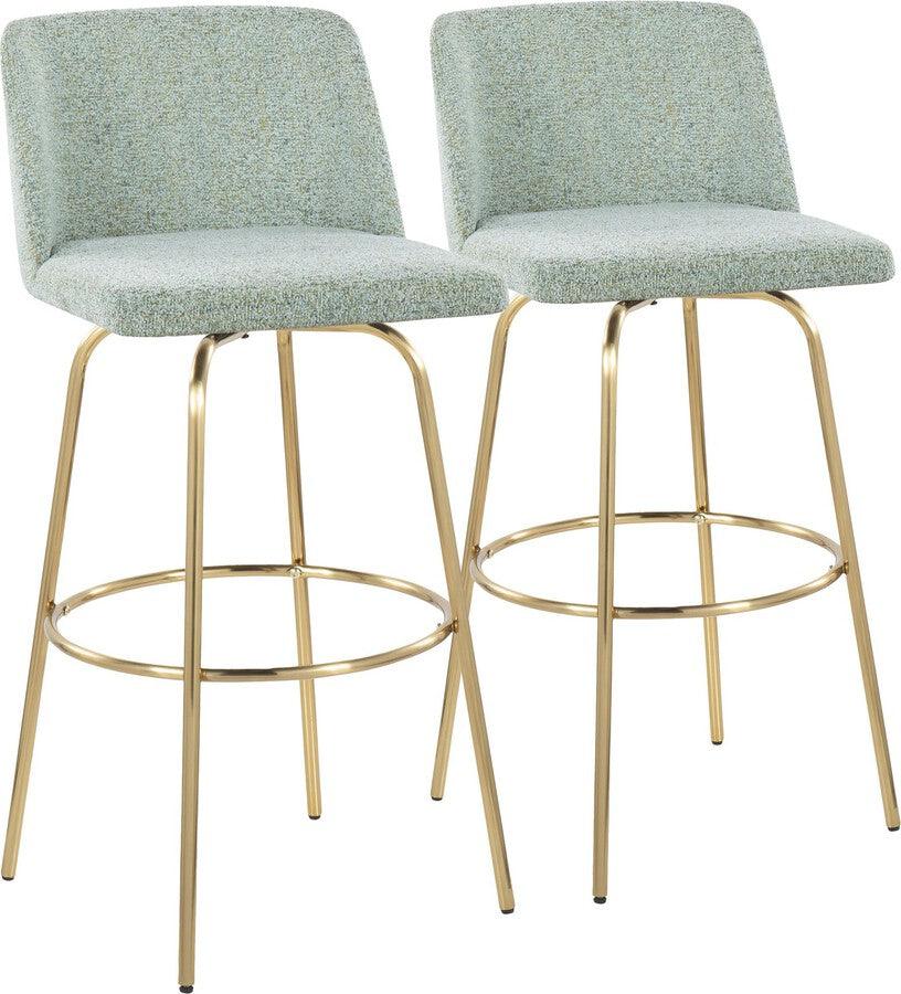 Lumisource Barstools - Toriano 30" Fixed Height Barstool With Swivel In Light Green Fabric & Gold Metal (Set of 2)
