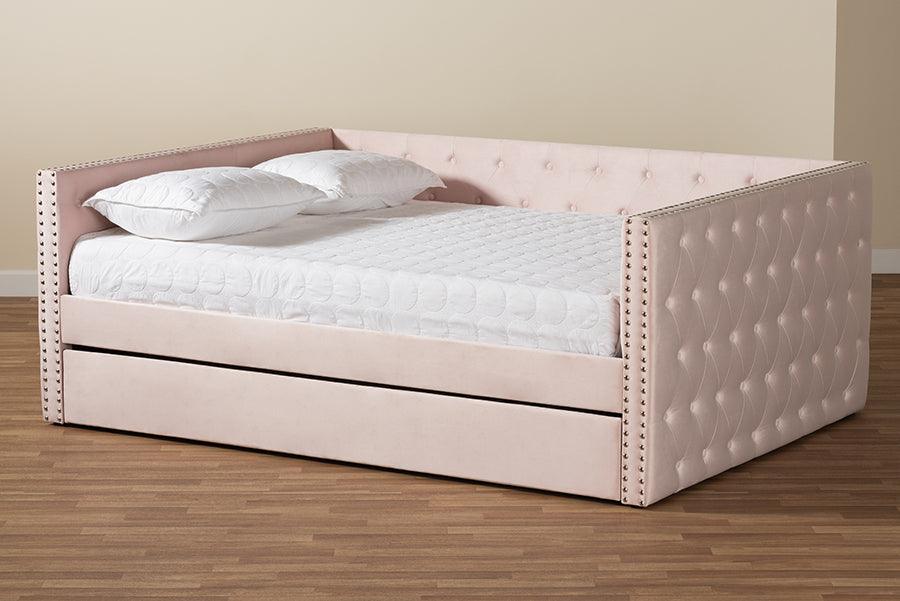 Wholesale Interiors Daybeds - Larkin Pink Velvet Fabric Upholstered Full Size Daybed with Trundle