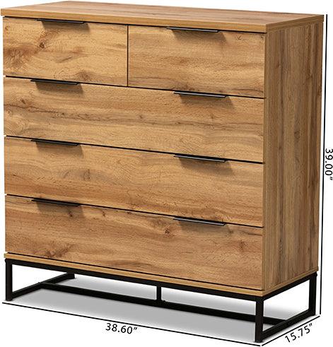 Wholesale Interiors Chest of Drawers - Franklin Oak Finished Wood and Black Finished Metal 5-Drawer Bedroom Chest