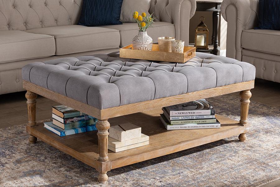 Wholesale Interiors Ottomans & Stools - Lindsey Modern and Rustic Grey Linen Fabric and Greywashed Wood Cocktail Ottoman