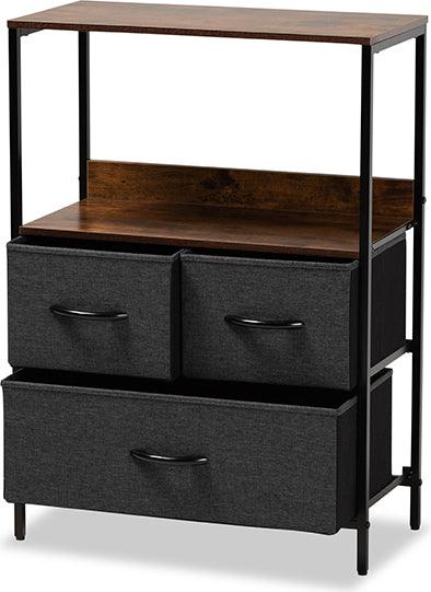 Wholesale Interiors Cabinets & Wardrobes - Hakan Modern Industrial Grey Fabric and Walnut Brown Wood 3-Drawer Storage Cabinet