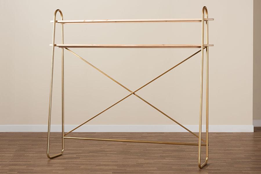 Wholesale Interiors Bedroom Organization - Merida Gold Metal and Brown Wood 2-Tier Over Bed Queen Size Storage Shelf