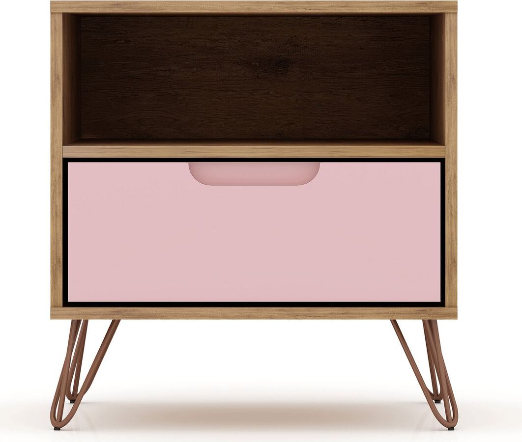 Manhattan Comfort Nightstands & Side Tables - Rockefeller 1.0 Mid-Century- Modern Nightstand with 1-Drawer in Nature and Rose Pink