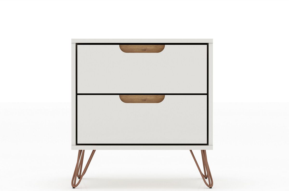 Manhattan Comfort Nightstands & Side Tables - Rockefeller 2.0 Mid-Century- Modern Nightstand with 2-Drawer in Off White and Nature
