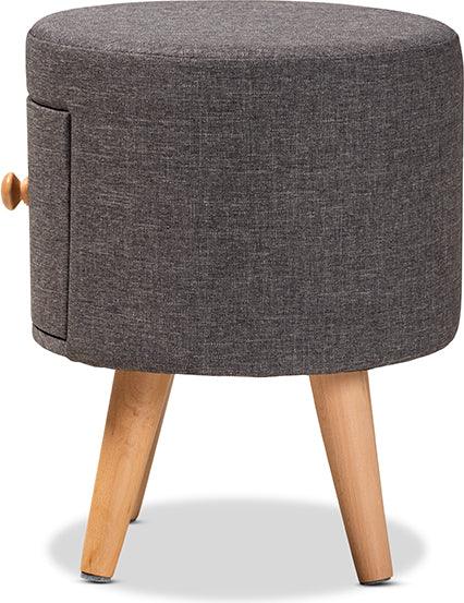 Wholesale Interiors Ottomans & Stools - Rocco Modern Transitional Dark Grey Fabric and Brown Wood 1-Drawer Ottoman Stool