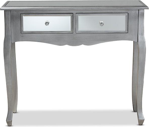 Wholesale Interiors Consoles - Leonie French Brushed Silver Finished Wood And Mirrored Glass 2-Drawer Console Table