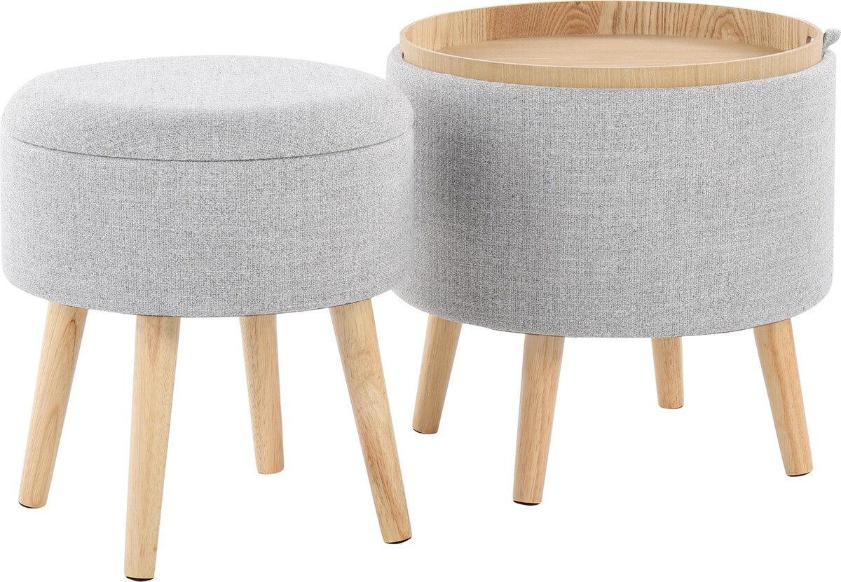 Lumisource Ottomans & Stools - Tray Contemporary Storage Ottoman With Matching Stool In Light Grey Fabric & Natural Wood Legs