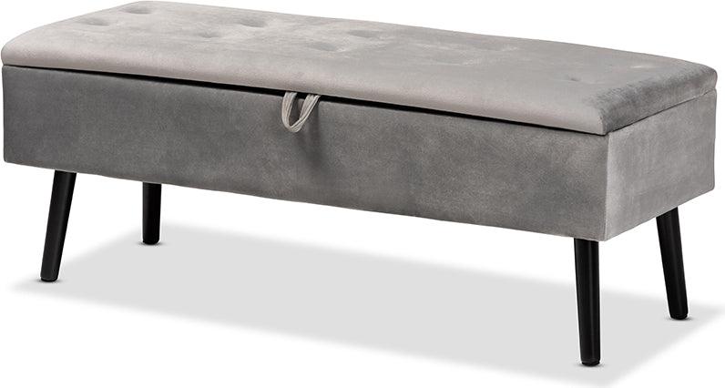 Wholesale Interiors Benches - Caine Modern and Contemporary Grey Velvet and Dark Brown Wood Storage Bench