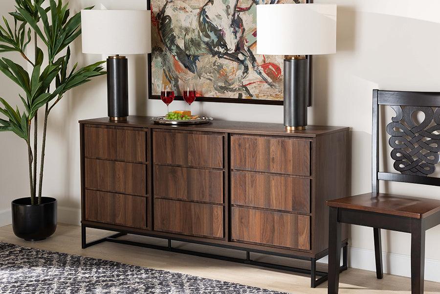 Wholesale Interiors Buffets & Sideboards - Neil Walnut Brown Finished Wood and Black Finished Metal 3-Door Dining Room Sideboard Buffet