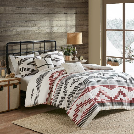 Olliix.com Comforters & Blankets - 5 Piece Herringbone Oversized Comforter Set Grey/Red Full/Queen