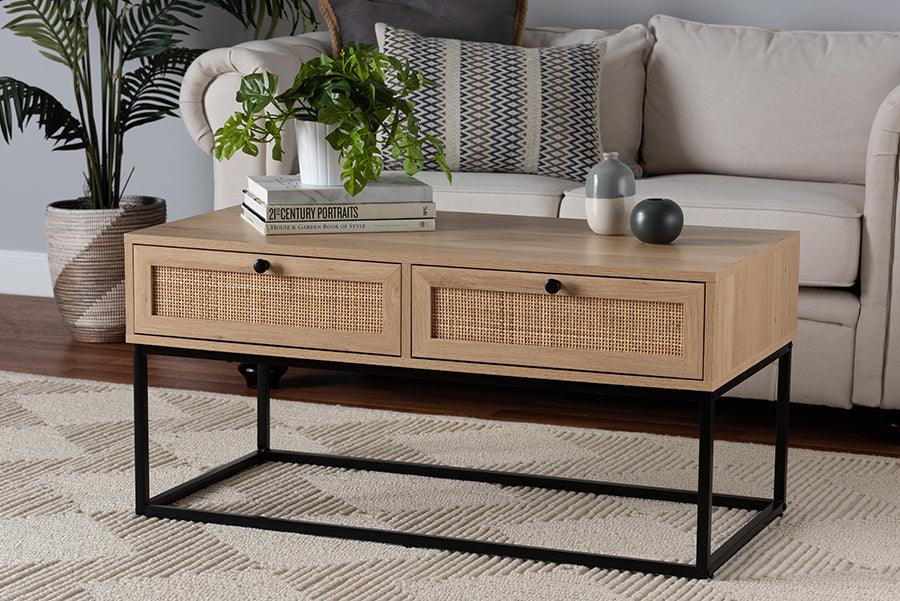 Wholesale Interiors Coffee Tables - Amelia Mid-Century Natural Brown Finished Wood and Natural Rattan 2-Drawer Coffee Table
