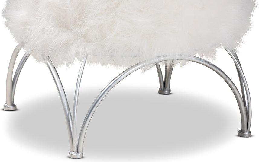 Wholesale Interiors Ottomans & Stools - Celia Modern And Contemporary White Faux Fur Upholstered Silver Metal Ottoman