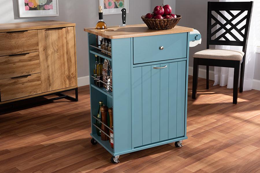 Wholesale Interiors Bar Units & Wine Cabinets - Liona Modern and Contemporary Sky Blue Finished Wood Kitchen Storage Cart