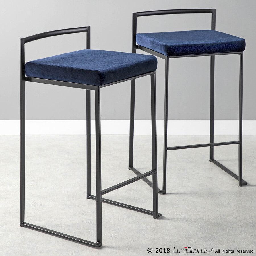 Lumisource Barstools - Fuji Contemporary Stackable Counter Stool in Black with Blue Velvet Cushion - Set of 2