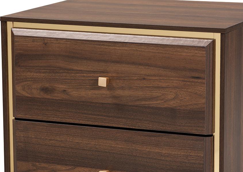 Wholesale Interiors Nightstands & Side Tables - Cormac Mid-Century Modern Transitional Brown Wood and Gold Metal 2-Drawer Nightstand