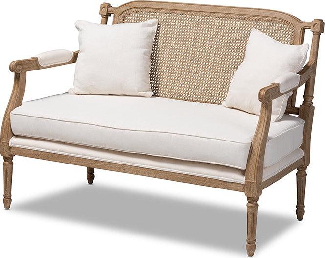 Wholesale Interiors Loveseats - Clemence French Provincial Ivory Fabric Upholstered Whitewashed Wood Loveseat