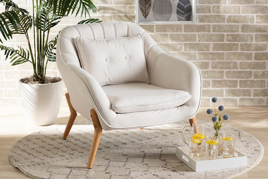Wholesale Interiors Accent Chairs - Valentina Beige Velvet Fabric Upholstered and Natural Wood Finished Armchair
