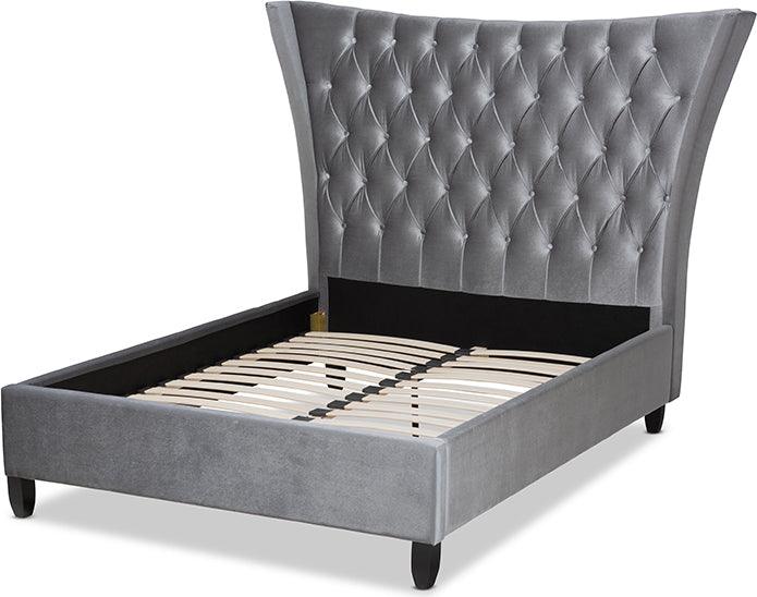 Wholesale Interiors Beds - Viola Grey Velvet Fabric Upholstered And Button Tufted King Size Platform Bed With Tall Headboard