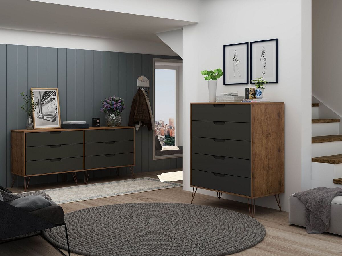 Manhattan Comfort Bedroom Sets - Rockefeller 5-Drawer & 6-Drawer Nature & Textured Gray Dresser Set
