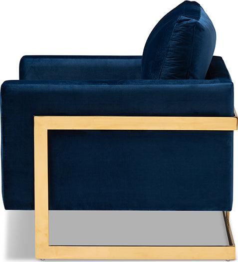 Wholesale Interiors Accent Chairs - Matteo Glam and Luxe Royal Blue Velvet Fabric Upholstered Gold Finished Armchair