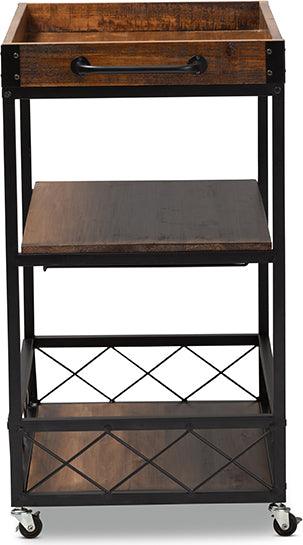 Wholesale Interiors Bar Units & Wine Cabinets - Capri Vintage Rustic Industrial Oak Brown and Black Finished Mobile Metal Bar Cart
