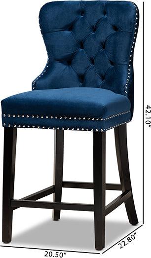 Wholesale Interiors Barstools - Howell Navy Blue Velvet Upholstered and Dark Brown Finished Wood 2-Piece Counter Stool Set
