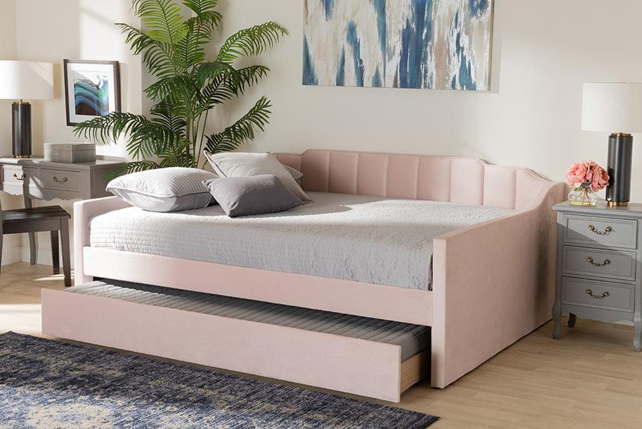 Wholesale Interiors Daybeds - Lennon Pink Velvet Fabric Upholstered Queen Size Daybed with Trundle