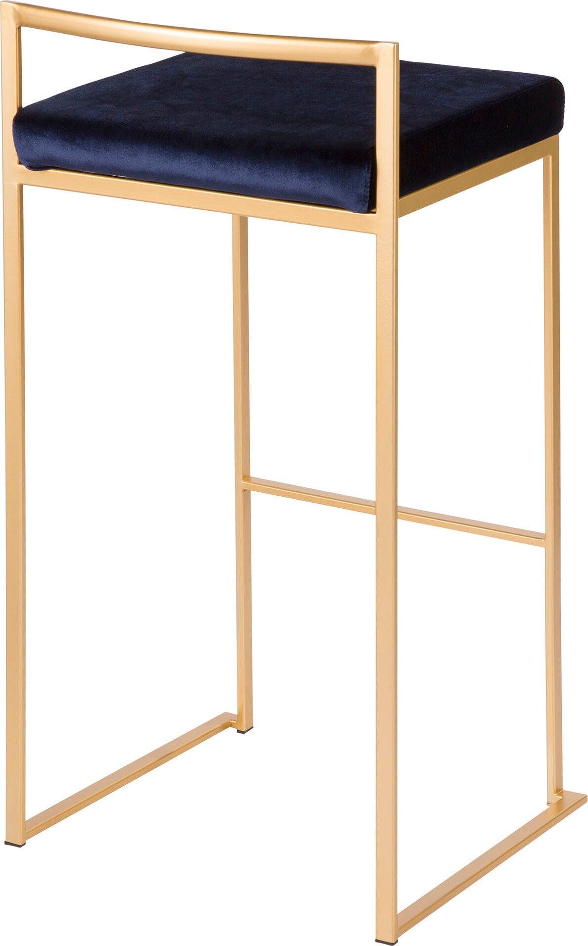 Lumisource Barstools - Fuji Contemporary-Glam Stackable Barstool in Gold with Blue Velvet Cushion (Set of 2)