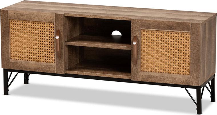 Wholesale Interiors TV & Media Units - Veanna Bohemian Brown Wood and Black Metal 2-Door TV Stand with Synthetic Rattan