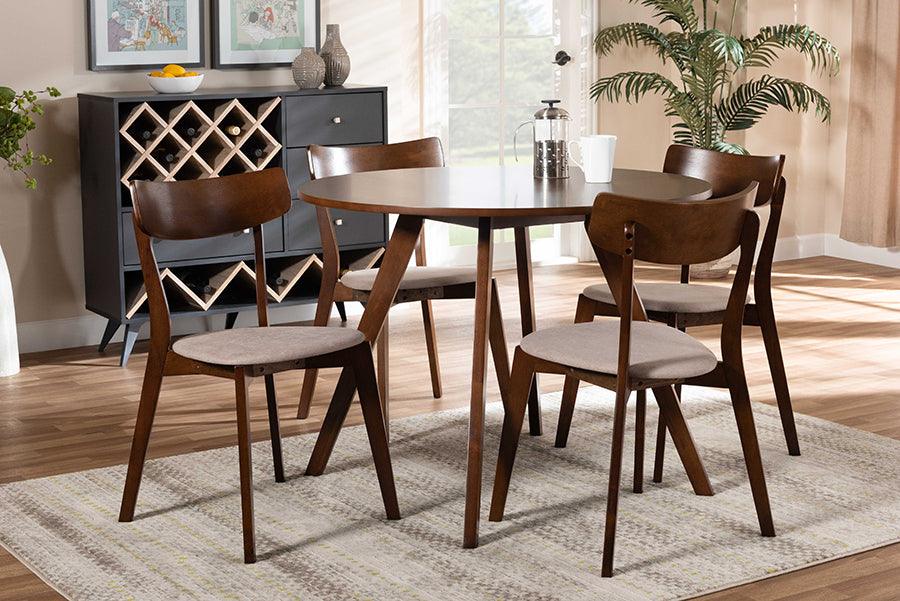 Wholesale Interiors Dining Sets - Rika Mid-Century Modern Beige Fabric and Walnut Brown Wood 5-Piece Dining Set