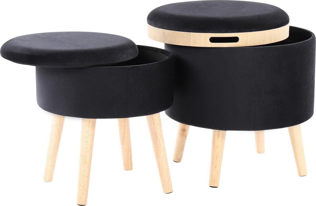 Lumisource Ottomans & Stools - Tray Contemporary Storage Ottoman With Matching Stool In Black Velvet & Natural Wood Legs