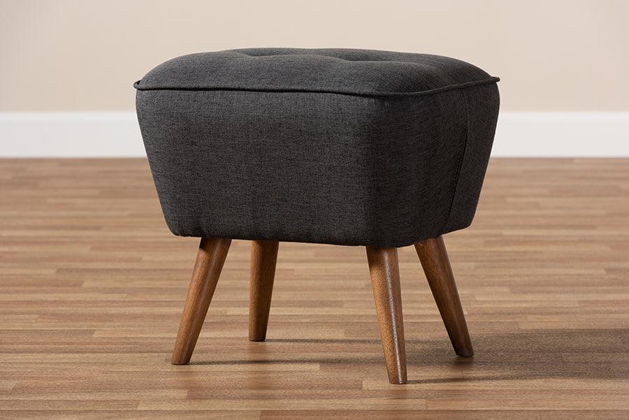 Wholesale Interiors Ottomans & Stools - Petronelle Mid-Century Modern Dark Grey Fabric Walnut Brown Wood Ottoman