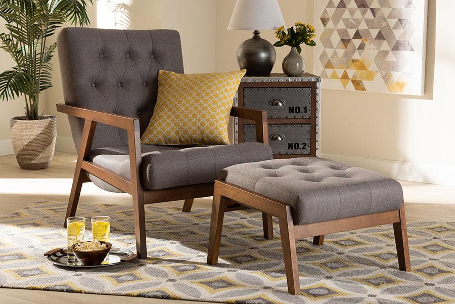 Wholesale Interiors Living Room Sets - Naeva Mid-Century Modern Grey Fabric Wood 2-Piece Armchair and Footstool Set