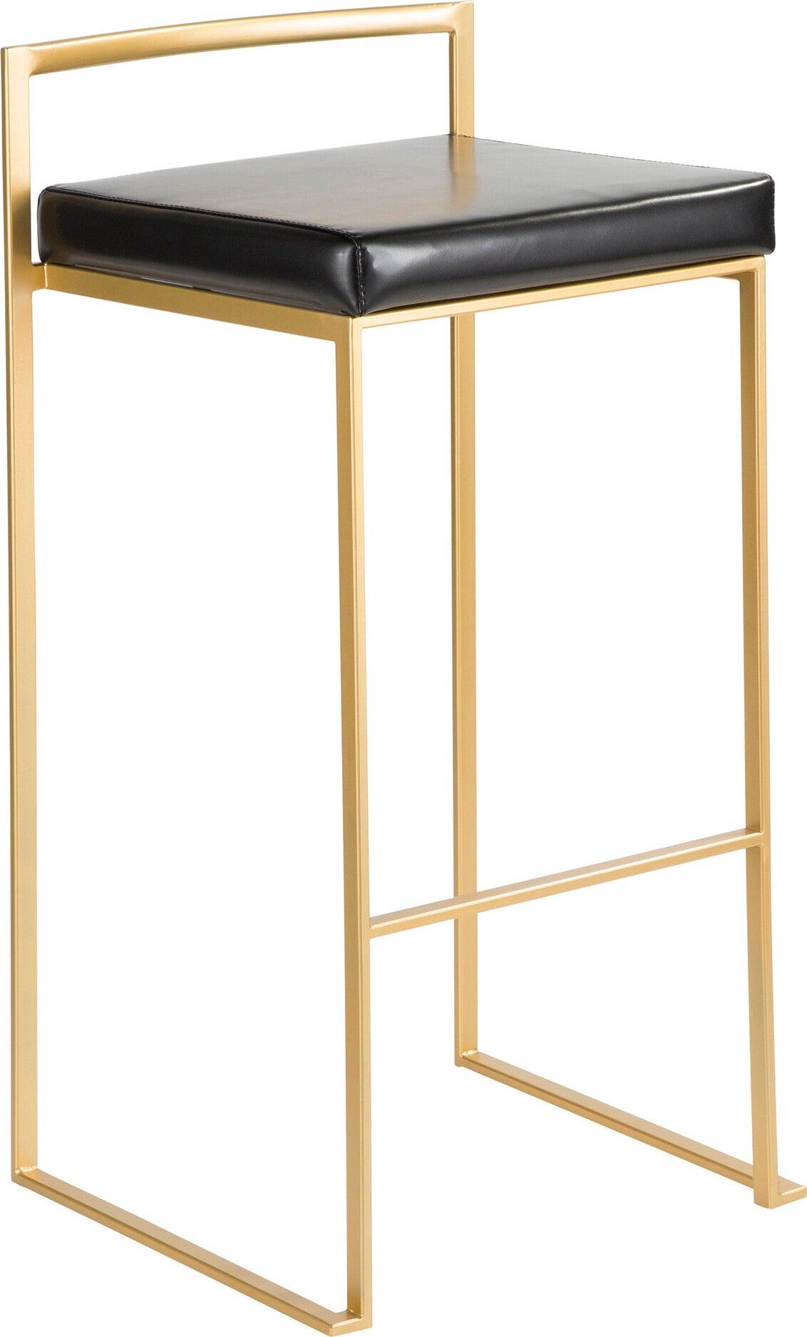 Lumisource Barstools - Fuji Contemporary-Glam Barstool in Gold with Black Faux Leather (Set of 2)