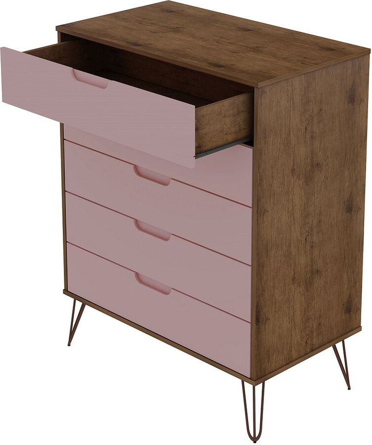 Manhattan Comfort Dressers - Rockefeller 5-Drawer Tall Dresser with Metal Legs in Nature & Rose Pink
