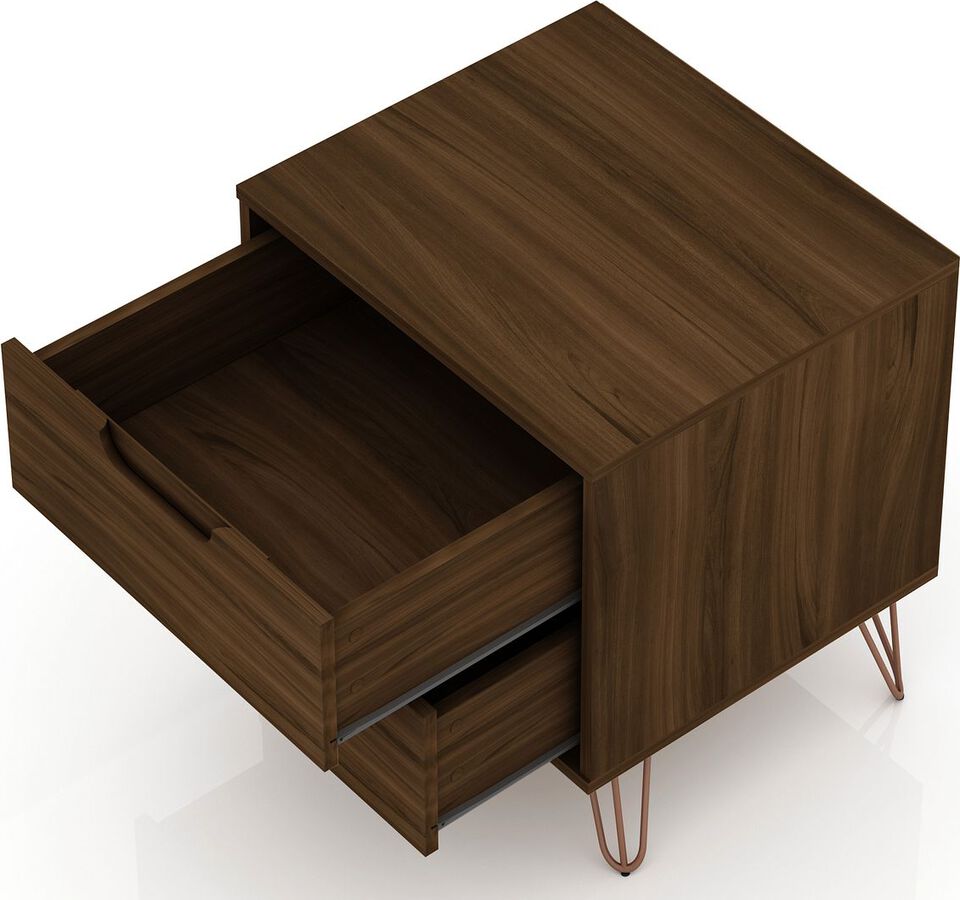 Manhattan Comfort Nightstands & Side Tables - Rockefeller 2.0 Mid-Century- Modern Nightstand with 2-Drawer in Brown