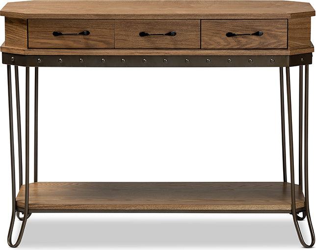 Wholesale Interiors Consoles - Kellyn Oak Brown Wood & Black Finished Metal 3-Drawer Console Table?