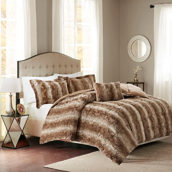 Olliix.com Comforters & Blankets - 4PC Faux Fur Comforter Set Tan King