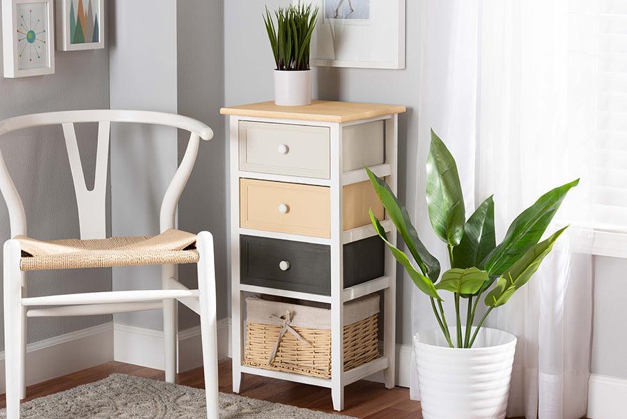 Wholesale Interiors Bedroom Organization - Adonis Mid-Century Modern Multi-Colored Wood 3-Drawer Storage Unit with Basket