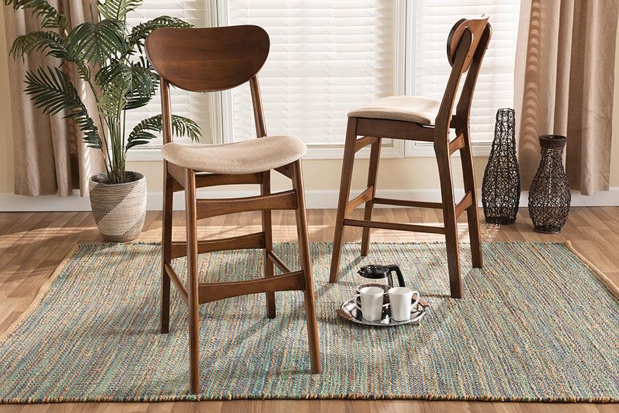 Wholesale Interiors Barstools - Katya Mid-Century Modern Sand Fabric and Brown Finished Wood 2-Piece Bar Stool Set
