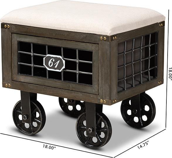 Wholesale Interiors Ottomans & Stools - Harley Transitional Beige Fabric and Black Metal 1-Drawer Wheeled Storage Ottoman