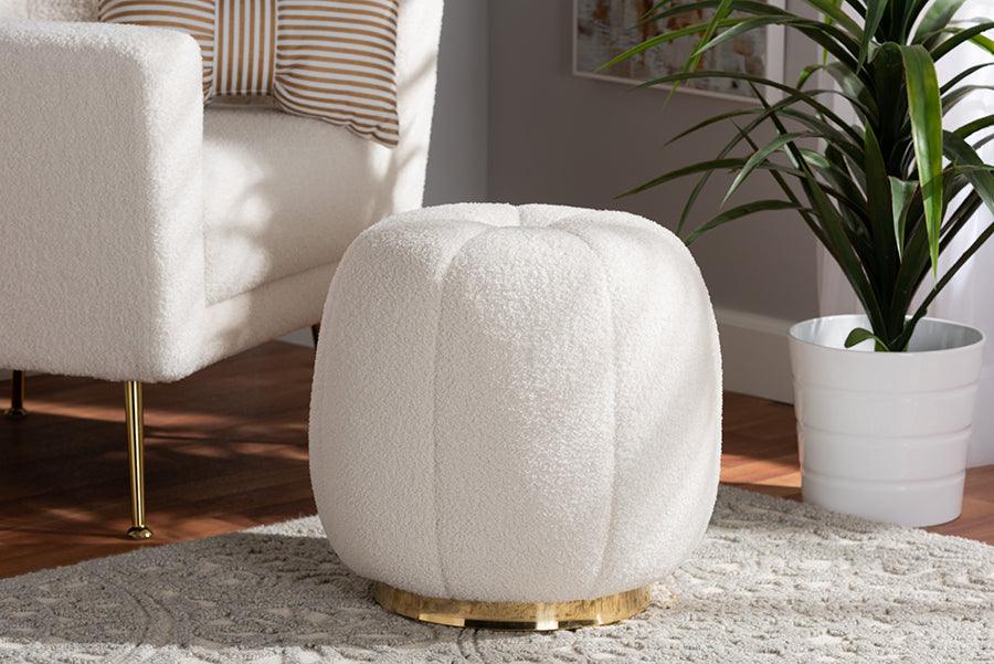 Wholesale Interiors Ottomans & Stools - Raelynn Modern Ivory Boucle Upholstered and Gold Metal Ottoman