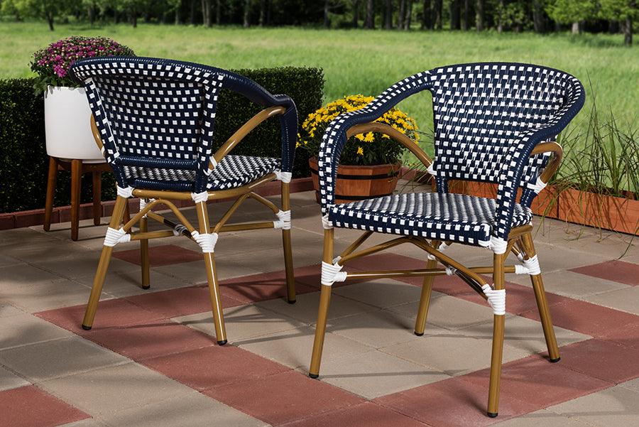 Wholesale Interiors Outdoor Dining Chairs - Eliane Classic French Indoor and Outdoor Navy and White Bamboo Style Stackable Bistro