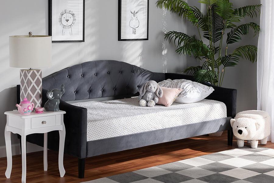 Wholesale Interiors Daybeds - Benjamin Grey Velvet Fabric Upholstered and Dark Brown Finished Wood Twin Size Daybed