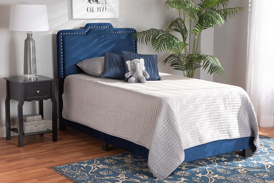 Wholesale Interiors Beds - Benjen Glam Navy Blue Velvet Fabric Upholstered Twin Size Panel Bed