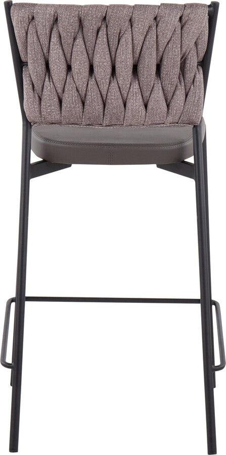 Lumisource Barstools - Braided Tania Counter Stool In Black Metal, Grey Faux Leather, & Light Brown Fabric (Set of 2)