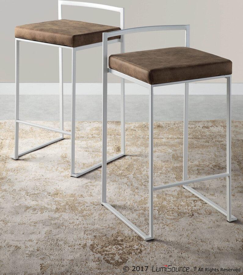 Lumisource Barstools - Fuji Contemporary Stackable Counter Stool in White with Brown Cowboy Fabric Cushion - Set of 2