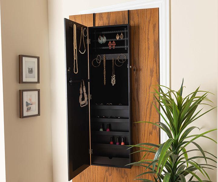 Wholesale Interiors Cabinets & Wardrobes - Richelle Modern and Contemporary Black Wood Hanging Jewelry Armoire with Mirror