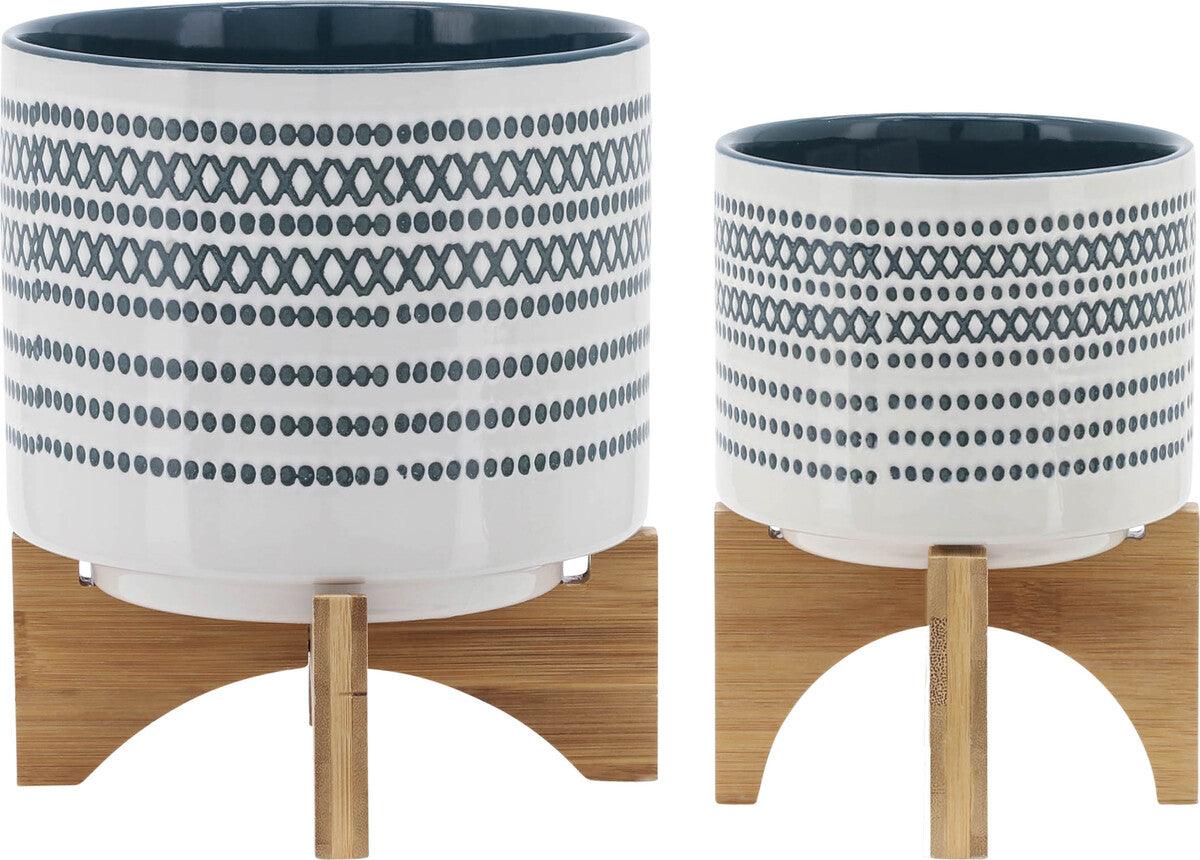 Sagebrook Home Planters - Ceremic Set Of 2 5/8" Planter On Standw/ Dots Blue
